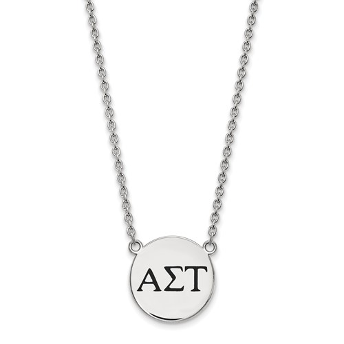 Sterling Silver Rhodium-plated LogoArt Alpha Sigma Tau Sorority Greek Letters Large Black Enamel Pendant Necklace, 18"
