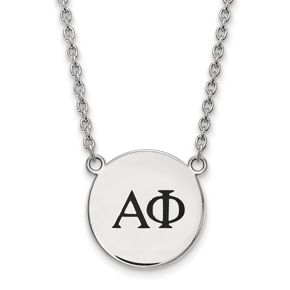 Sterling Silver Rhodium-plated LogoArt Alpha Phi Sorority Greek Letters Large Black Enamel Pendant Necklace, 18"