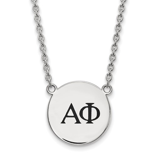 Sterling Silver Rhodium-plated LogoArt Alpha Phi Sorority Greek Letters Large Black Enamel Pendant Necklace, 18"