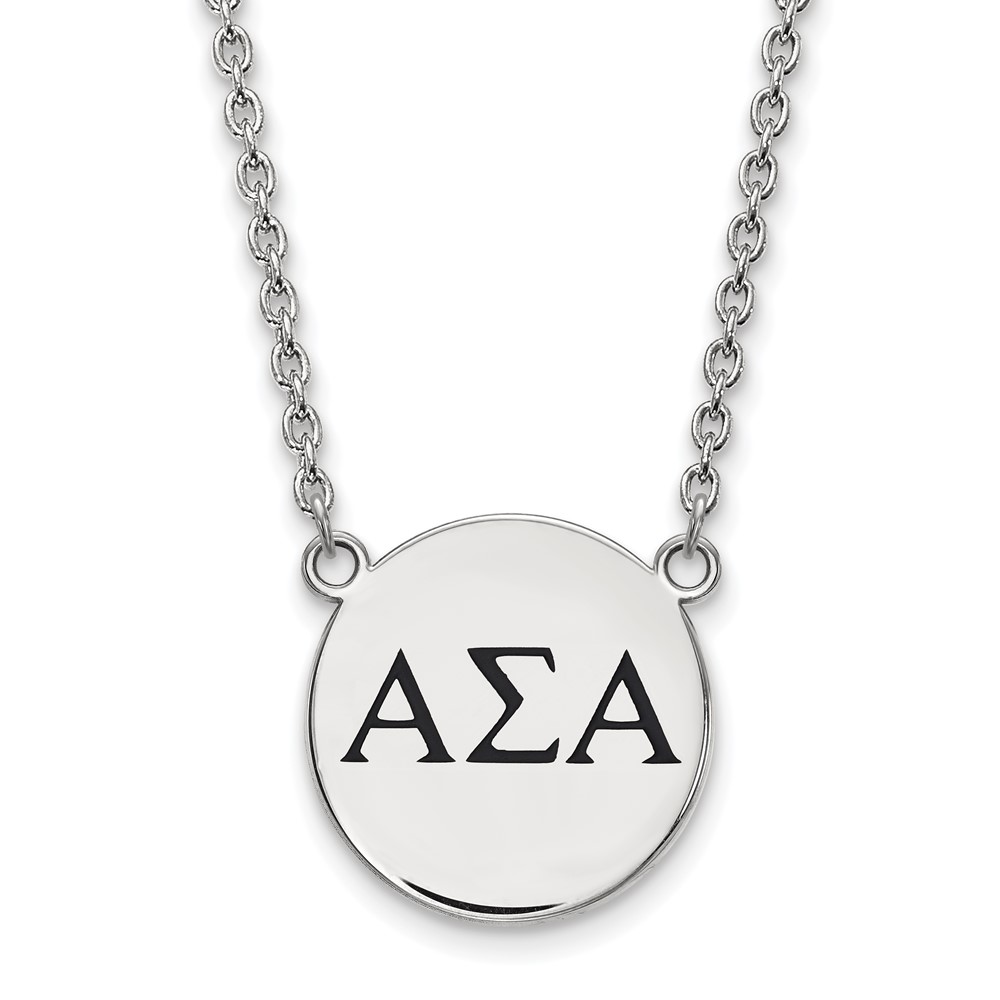 Sterling Silver Rhodium-plated LogoArt Alpha Sigma Alpha Sorority Greek Letters Large Black Enamel Pendant Necklace, 18"