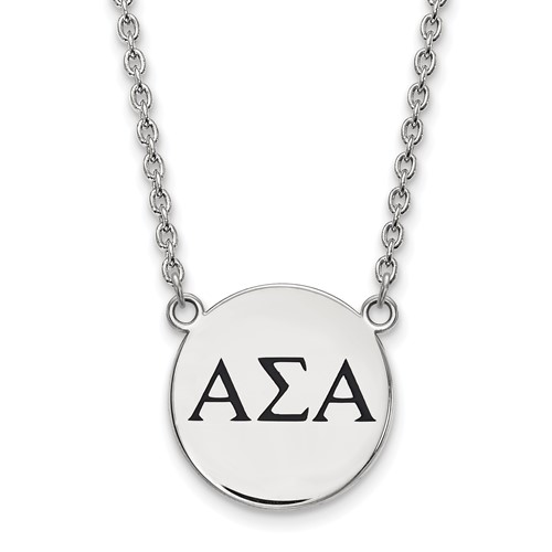 Sterling Silver Rhodium-plated LogoArt Alpha Sigma Alpha Sorority Greek Letters Large Black Enamel Pendant Necklace, 18"