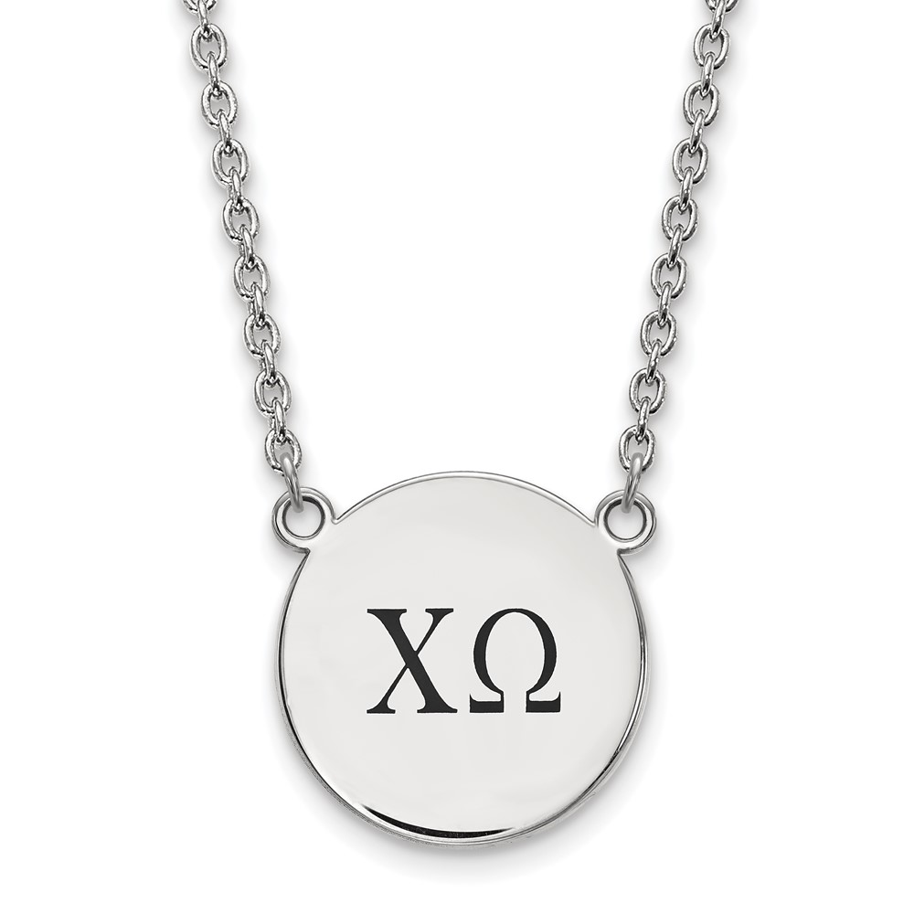 Sterling Silver Rhodium-plated LogoArt Chi Omega Sorority Greek Letters Large Black Enamel Pendant Necklace, 18"