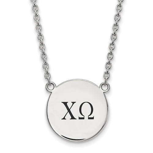 Sterling Silver Rhodium-plated LogoArt Chi Omega Sorority Greek Letters Large Black Enamel Pendant Necklace, 18"
