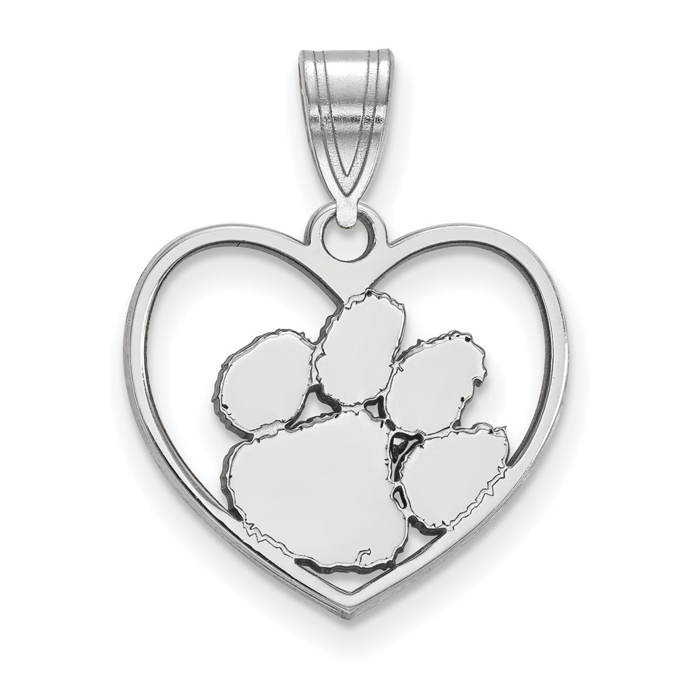 Sterling Silver Rhodium-plated LogoArt Clemson University Tiger Paw Heart Pendant