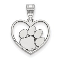 Sterling Silver Rhodium-plated LogoArt Clemson University Tiger Paw Heart Pendant view 1