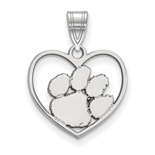 Sterling Silver Rhodium-plated LogoArt Clemson University Tiger Paw Heart Pendant