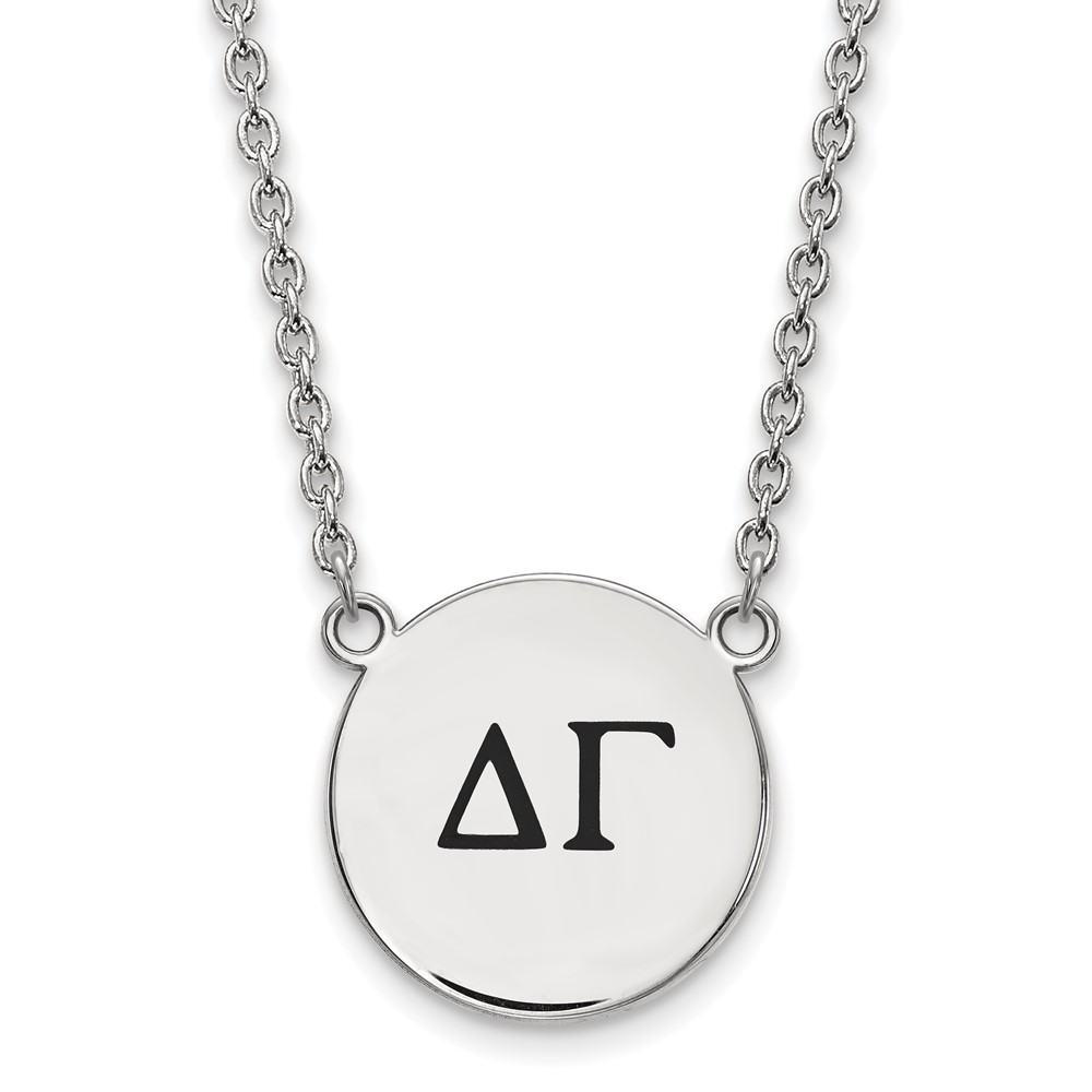 Sterling Silver Rhodium-plated LogoArt Delta Gamma Sorority Greek Letters Large Black Enamel Pendant Necklace, 18"