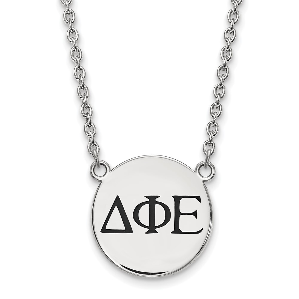 Sterling Silver Rhodium-plated LogoArt Delta Phi Epsilon Sorority Greek Letters Large Black Enamel Pendant Necklace, 18"