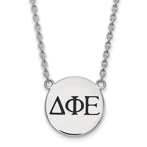 Sterling Silver Rhodium-plated LogoArt Delta Phi Epsilon Sorority Greek Letters Large Black Enamel Pendant Necklace, 18"