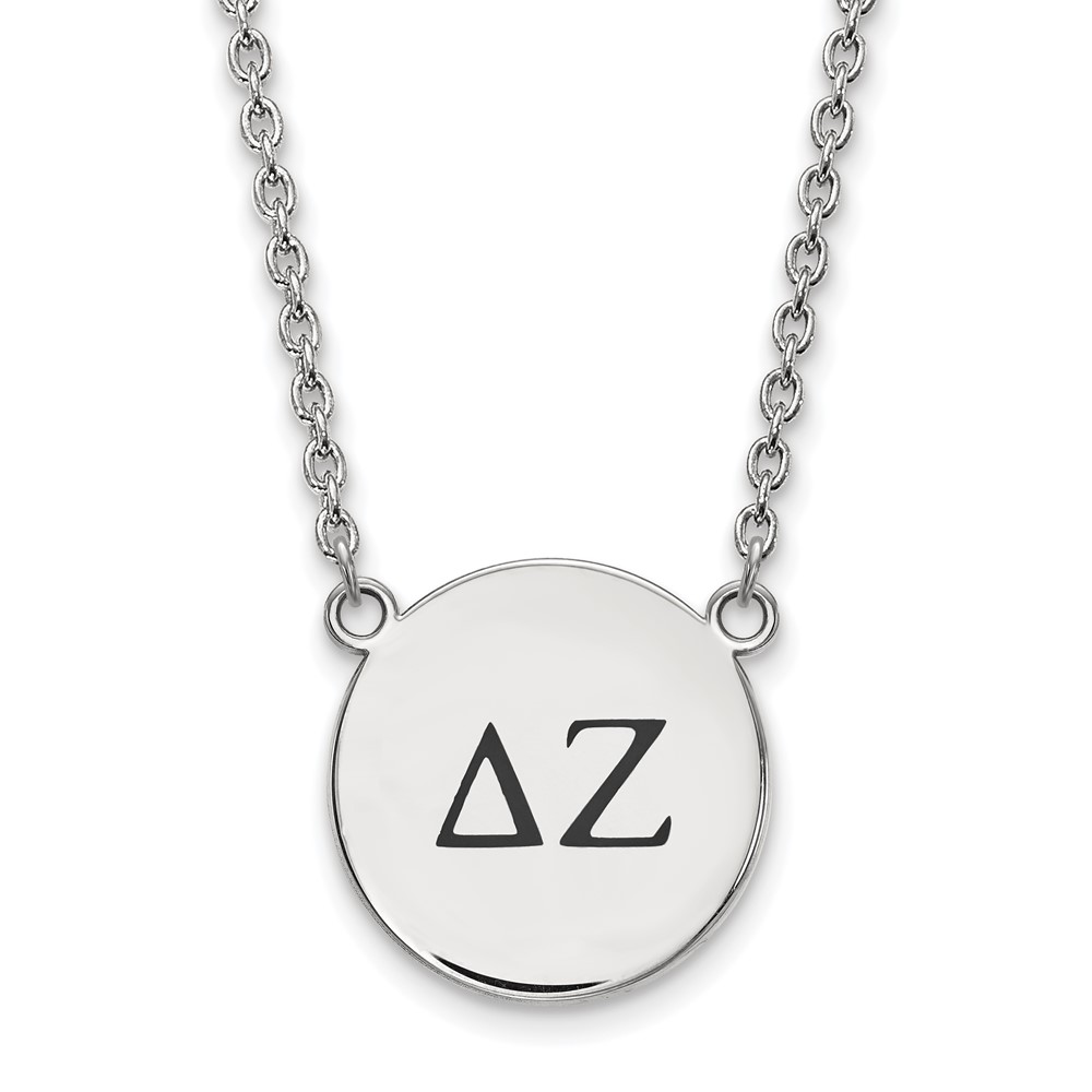 Sterling Silver Rhodium-plated LogoArt Delta Zeta Sorority Greek Letters Large Black Enamel Pendant Necklace, 18"