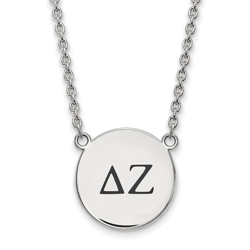 Sterling Silver Rhodium-plated LogoArt Delta Zeta Sorority Greek Letters Large Black Enamel Pendant Necklace, 18"