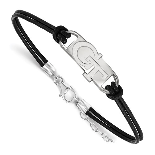 Sterling Silver Rhodium-plated LogoArt Georgia Institute of Technology G-t Small Center Black Leather Bracelet with Extender, 7"