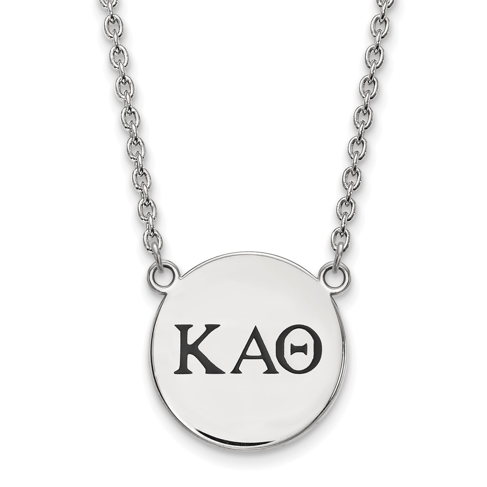 Sterling Silver Rhodium-plated LogoArt Kappa Alpha Theta Sorority Greek Letters Large Black Enamel Pendant Necklace, 18"