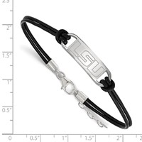 Sterling Silver Rhodium-plated LogoArt Louisiana State University L-s-u Small Center Black Leather Bracelet with Extender, 7" view 2