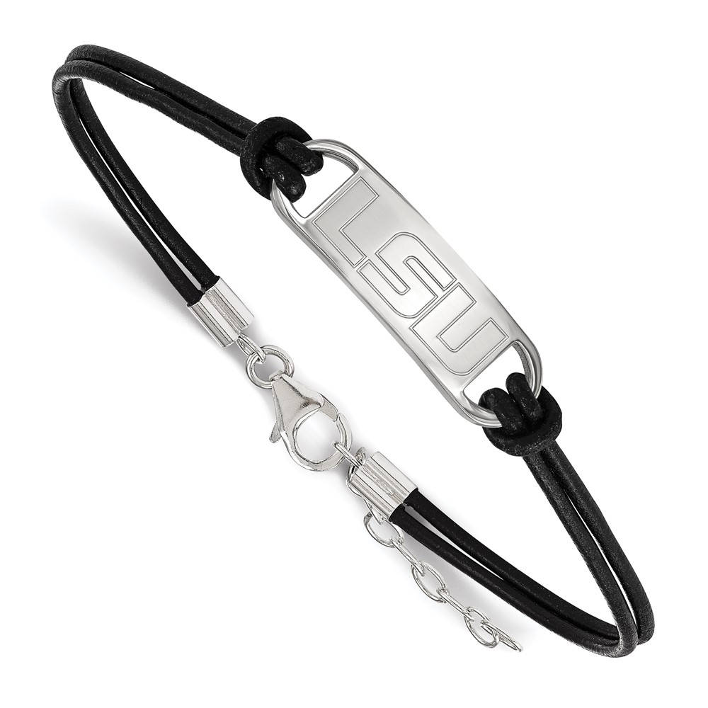 Sterling Silver Rhodium-plated LogoArt Louisiana State University L-s-u Small Center Black Leather Bracelet with Extender, 7"