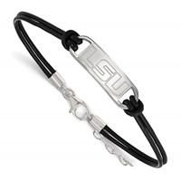 Sterling Silver Rhodium-plated LogoArt Louisiana State University L-s-u Small Center Black Leather Bracelet with Extender, 7" view 1