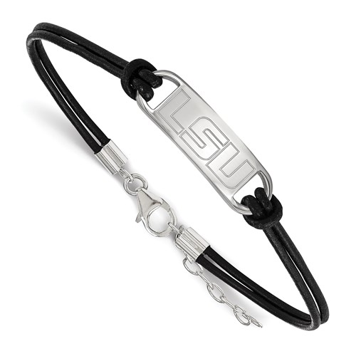 Sterling Silver Rhodium-plated LogoArt Louisiana State University L-s-u Small Center Black Leather Bracelet with Extender, 7"