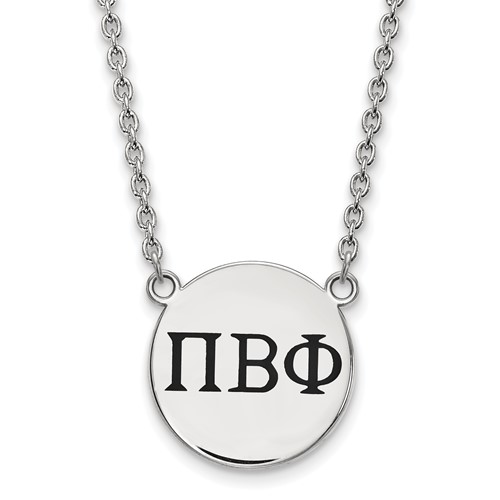 Sterling Silver Rhodium-plated LogoArt Pi Beta Phi Sorority Greek Letters Large Black Enamel Pendant Necklace, 18"