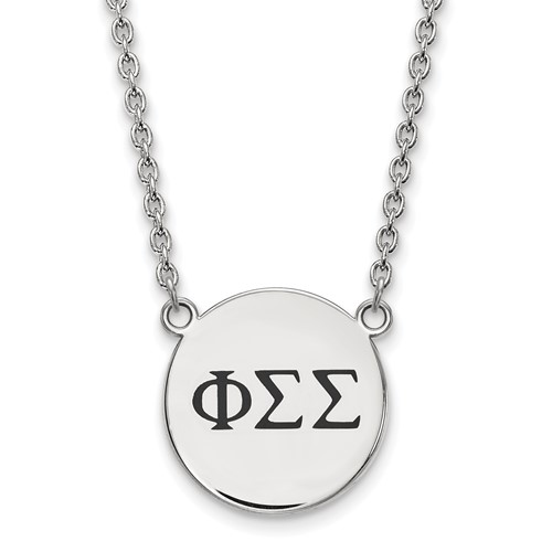 Sterling Silver Rhodium-plated LogoArt Phi Sigma Sigma Sorority Greek Letters Large Black Enamel Pendant Necklace, 18"