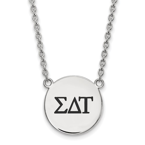 Sterling Silver Rhodium-plated LogoArt Sigma Delta Tau Sorority Greek Letters Large Black Enamel Pendant Necklace, 18"