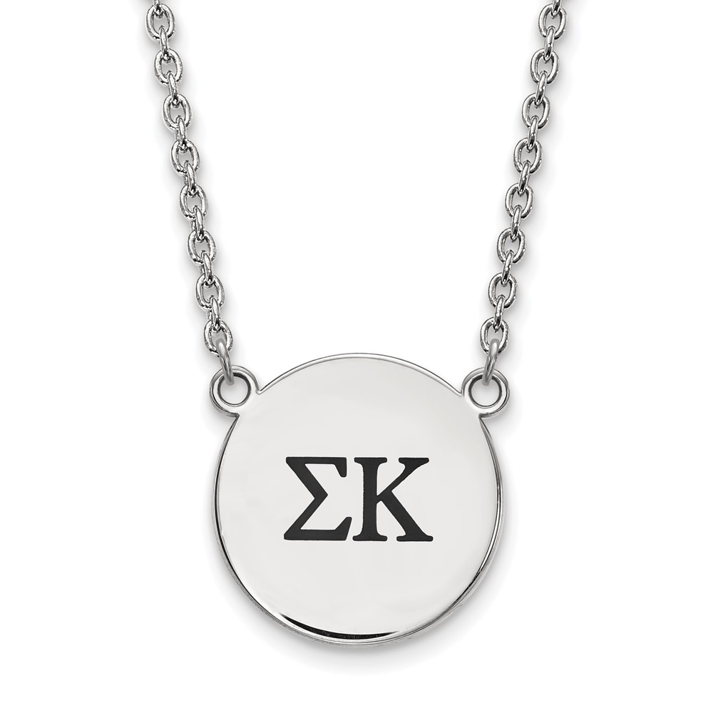Sterling Silver Rhodium-plated LogoArt Sigma Kappa Sorority Greek Letters Large Black Enamel Pendant Necklace, 18"