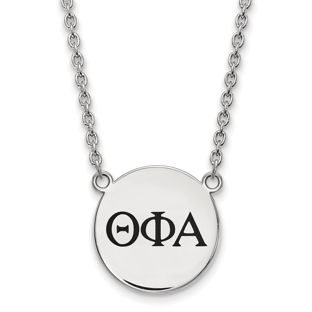 Sterling Silver Rhodium-plated LogoArt Theta Phi Alpha Sorority Greek Letters Large Black Enamel Pendant Necklace, 18"