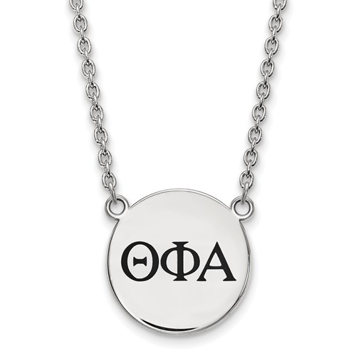 Sterling Silver Rhodium-plated LogoArt Theta Phi Alpha Sorority Greek Letters Large Black Enamel Pendant Necklace, 18"
