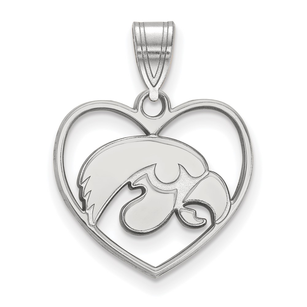 Sterling Silver Rhodium-plated LogoArt University of Iowa Hawk Heart Pendant