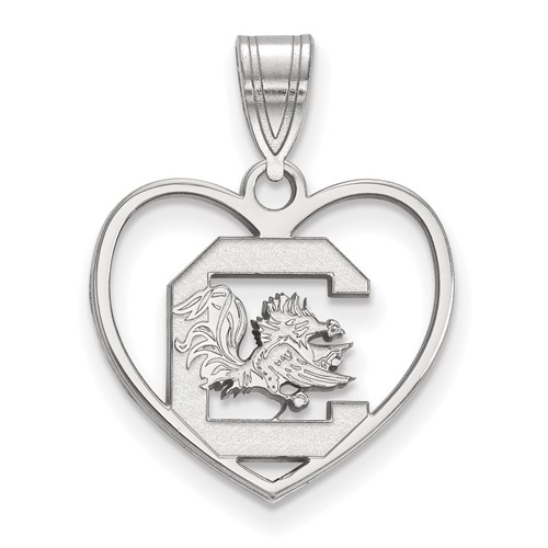 Sterling Silver Rhodium-plated LogoArt University of South Carolina Heart Pendant