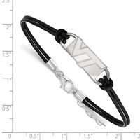 Sterling Silver Rhodium-plated LogoArt Virginia Tech V-t Small Center Black Leather Bracelet with Extender, 7" view 2