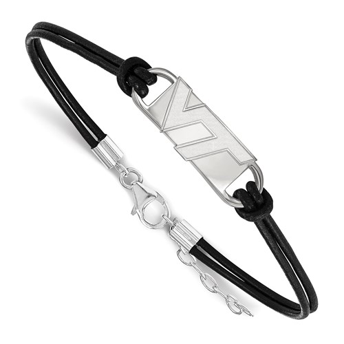 Sterling Silver Rhodium-plated LogoArt Virginia Tech V-t Small Center Black Leather Bracelet with Extender, 7"