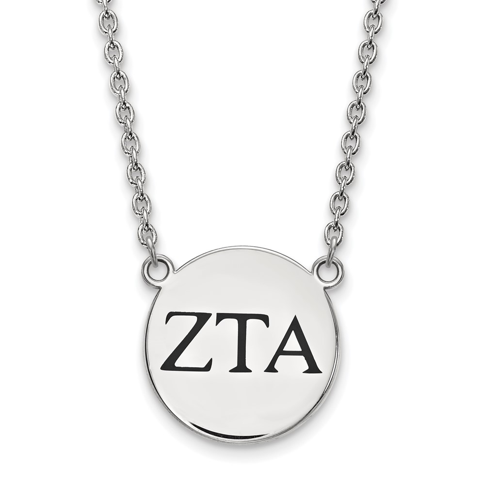 Sterling Silver Rhodium-plated LogoArt Zeta Tau Alpha Sorority Greek Letters Large Black Enamel Pendant Necklace, 18"