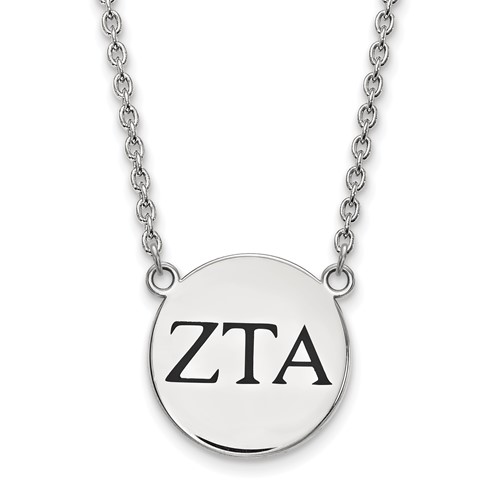 Sterling Silver Rhodium-plated LogoArt Zeta Tau Alpha Sorority Greek Letters Large Black Enamel Pendant Necklace, 18"