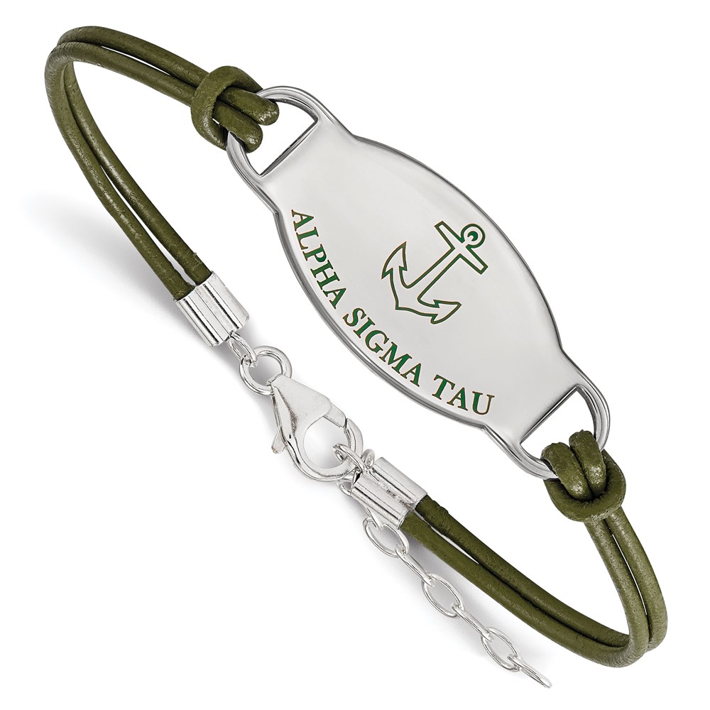 Sterling Silver Rhodium-plated LogoArt Alpha Sigma Tau Sorority Symbol Color Enamel Color Leather Bracelet with Extender, 7"