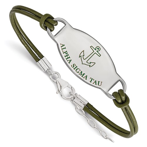 Sterling Silver Rhodium-plated LogoArt Alpha Sigma Tau Sorority Symbol Color Enamel Color Leather Bracelet with Extender, 7"