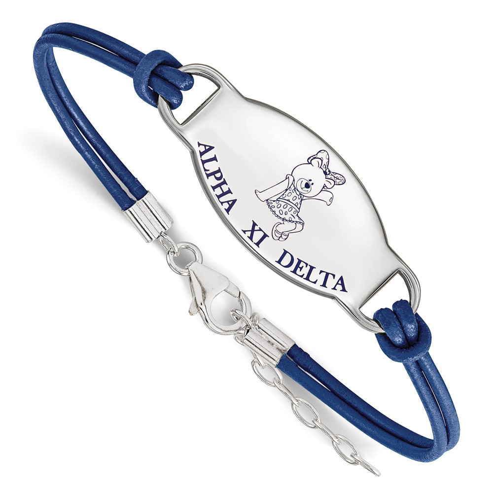 Sterling Silver Rhodium-plated LogoArt Alpha Xi Delta Sorority Symbol Color Enamel Color Leather 7 Inch Bracelet with Extender