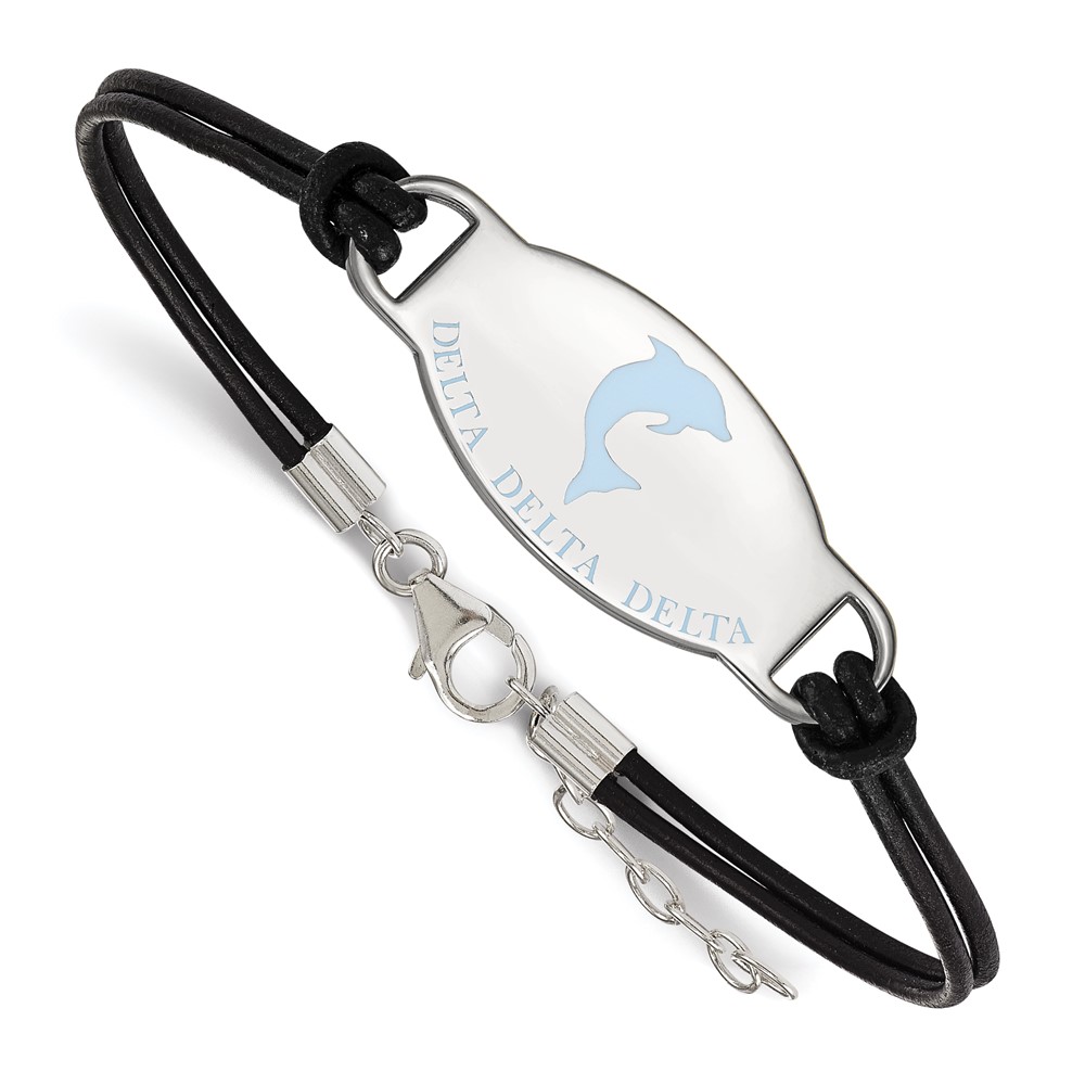 Sterling Silver Rhodium-plated LogoArt Delta Delta Delta Sorority Symbol Color Enamel Color Leather Bracelet with Extender, 7"