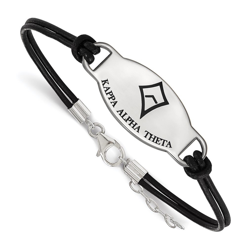 Sterling Silver Rhodium-plated LogoArt Kappa Alpha Theta Sorority Symbol Color Enamel Color Leather Bracelet with Extender, 7"