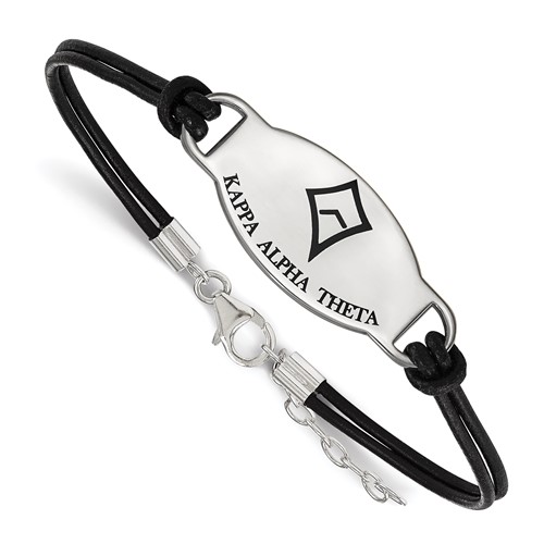 Sterling Silver Rhodium-plated LogoArt Kappa Alpha Theta Sorority Symbol Color Enamel Color Leather Bracelet with Extender, 7"