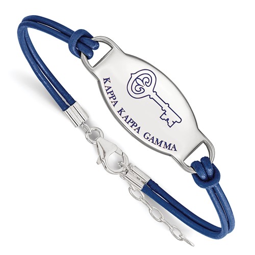 Sterling Silver Rhodium-plated LogoArt Kappa Kappa Gamma Sorority Symbol Color Enamel Color Leather Bracelet with Extender, 7"