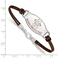 Sterling Silver Rhodium-plated LogoArt Sigma Delta Tau Sorority Symbol Color Enamel Color Leather Bracelet with Extender, 7" view 2