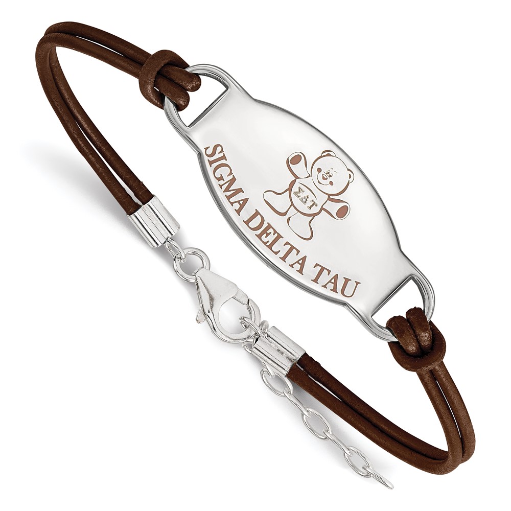 Sterling Silver Rhodium-plated LogoArt Sigma Delta Tau Sorority Symbol Color Enamel Color Leather Bracelet with Extender, 7"