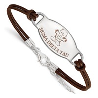 Sterling Silver Rhodium-plated LogoArt Sigma Delta Tau Sorority Symbol Color Enamel Color Leather Bracelet with Extender, 7" view 1