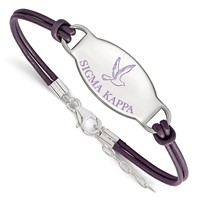 Sterling Silver Rhodium-plated LogoArt Sigma Kappa Sorority Symbol Color Enamel Color Leather Bracelet with Extender, 7" view 1
