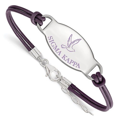 Sterling Silver Rhodium-plated LogoArt Sigma Kappa Sorority Symbol Color Enamel Color Leather Bracelet with Extender, 7"