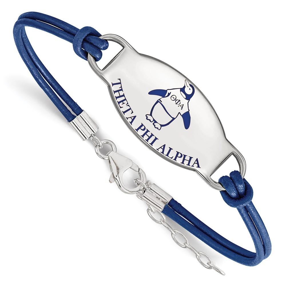 Sterling Silver Rhodium-plated LogoArt Theta Phi Alpha Sorority Symbol Color Enamel Color Leather 7 Inch Bracelet with Extender
