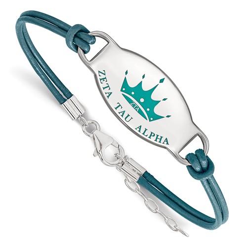 Sterling Silver Rhodium-plated LogoArt Zeta Tau Alpha Sorority Symbol Color Enamel Color Leather Bracelet with Extender, 7"