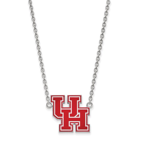 Sterling Silver Rhodium-plated LogoArt University of Houston U-h Large Enameled Pendant Necklace, 18"