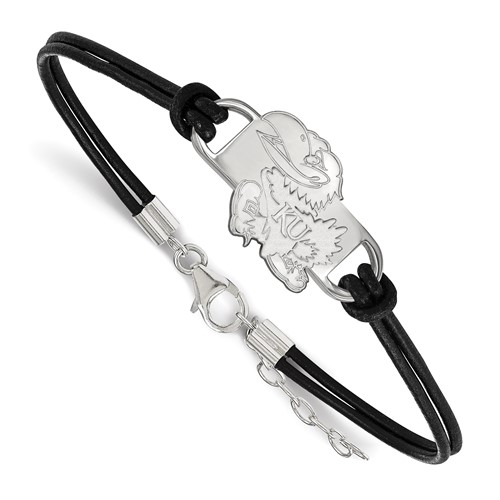 Sterling Silver Rhodium-plated LogoArt University of Kansas Jayhawk Small Center Black Leather Bracelet with Extender, 7"