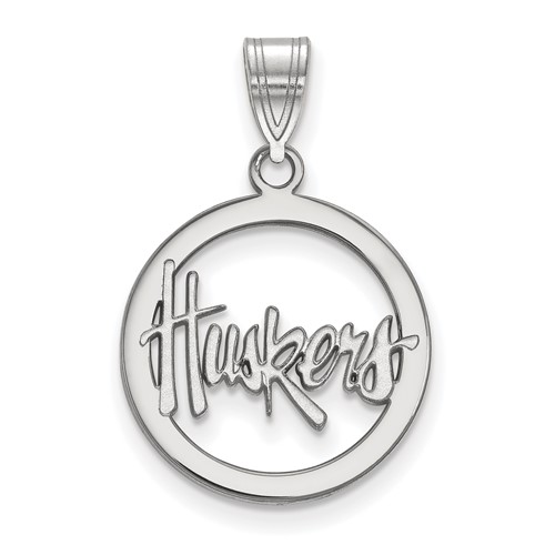 Sterling Silver Rhodium-plated LogoArt University of Nebraska Huskers Small Circle Pendant